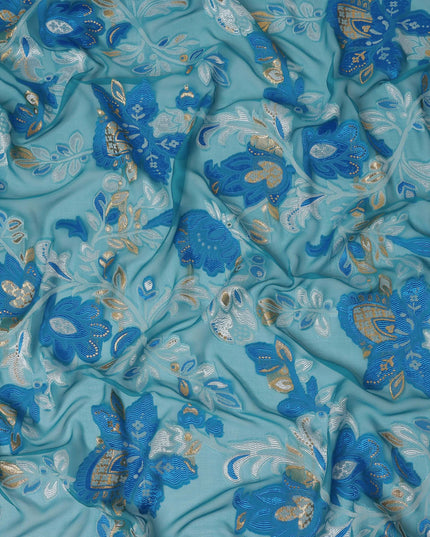 Teal Blue Floral French Silk Chiffon Fransawi Garbasaar