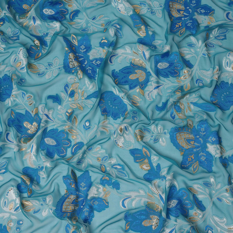 Teal Blue Floral French Silk Chiffon Fransawi Garbasaar