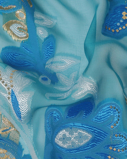 Teal Blue Floral French Silk Chiffon Fransawi Garbasaar