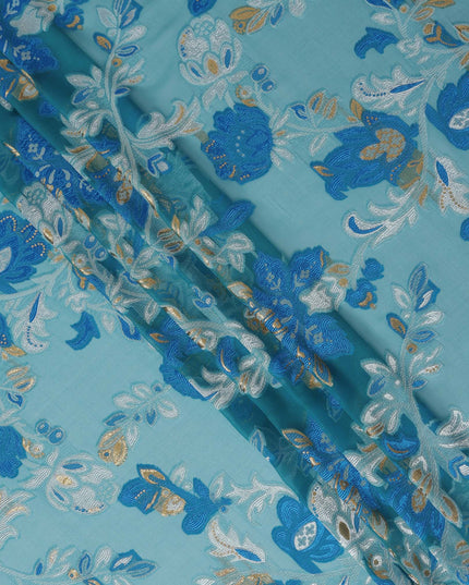 Teal Blue Floral French Silk Chiffon Fransawi Garbasaar
