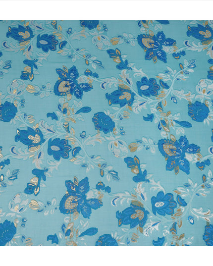 Teal Blue Floral French Silk Chiffon Fransawi Garbasaar