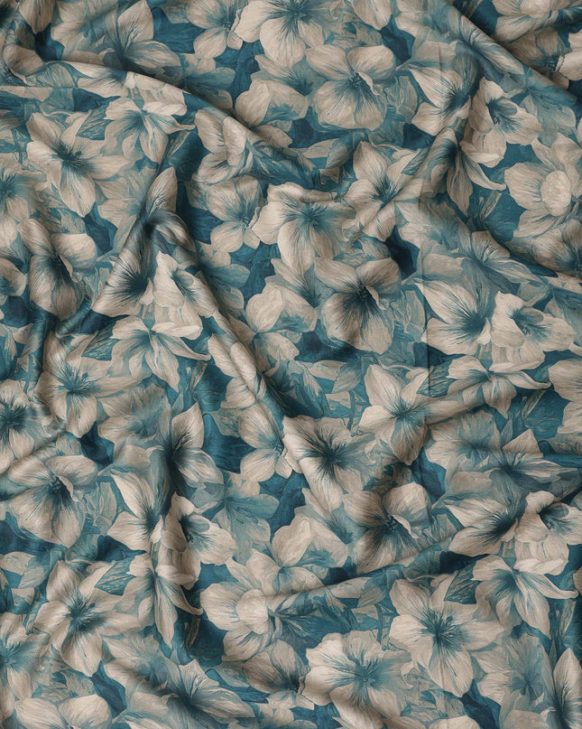 Teal Beige Floral Printed Cotton Lawn Fabric Soft Lightweight Breathable Smooth Dressmaking Fabric 110 Cms Width India Origin-D28662 Regal Fabrics