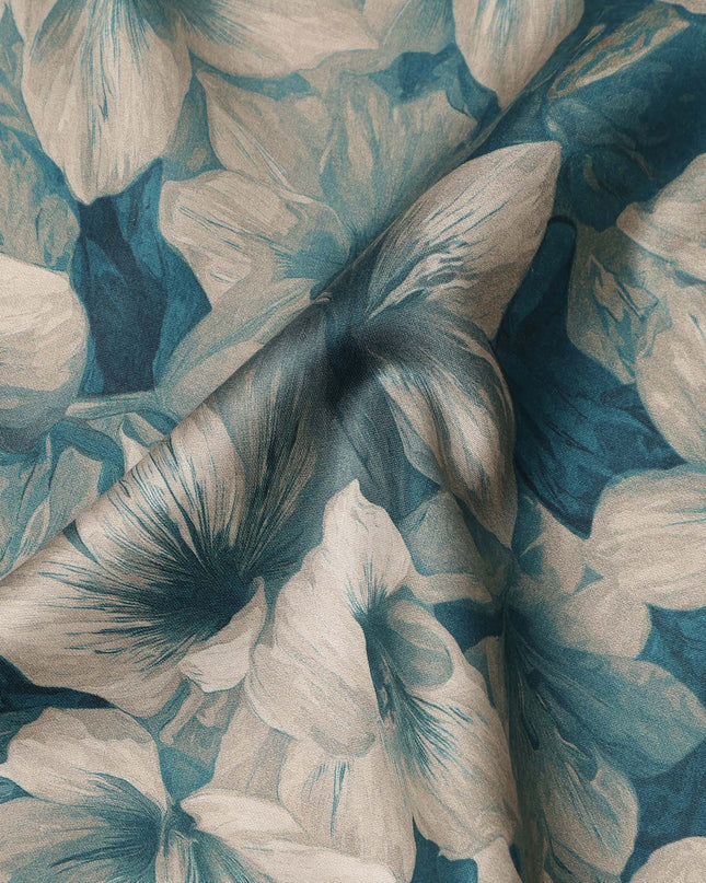 Teal Beige Floral Printed Cotton Lawn Fabric Soft Lightweight Breathable Smooth Dressmaking Fabric 110 Cms Width India Origin-D28662 Regal Fabrics
