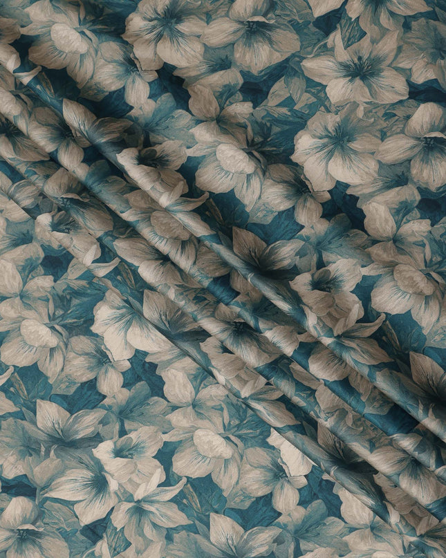 Teal Beige Floral Printed Cotton Lawn Fabric Soft Lightweight Breathable Smooth Dressmaking Fabric 110 Cms Width India Origin-D28662 Regal Fabrics