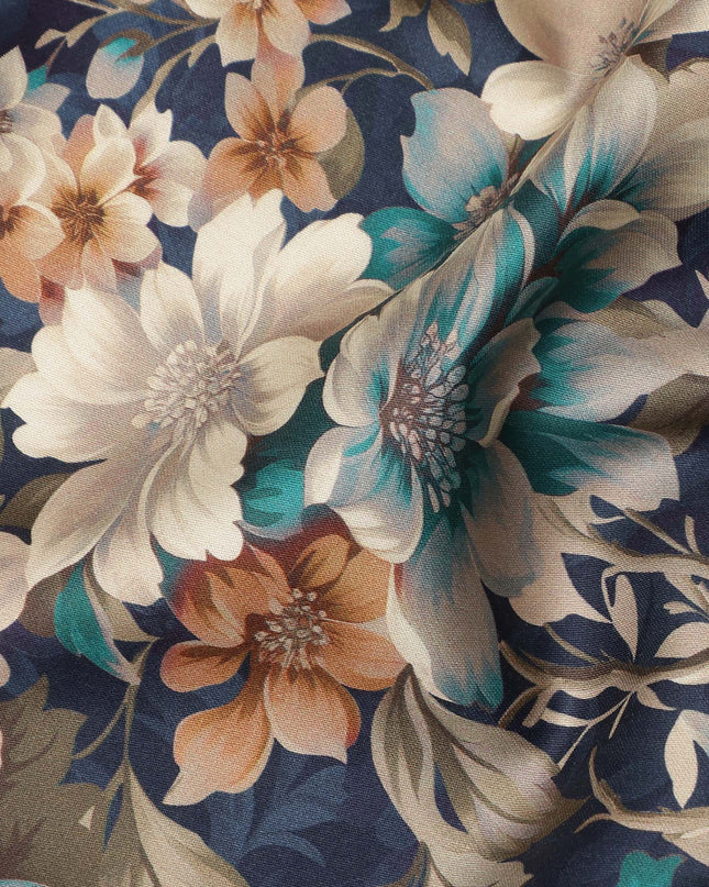Navy Blue Beige Teal Floral Printed Cotton Lawn Fabric Soft Lightweight Breathable Elegant Dressmaking Fabric 110 Cms Width India Origin-D28666 Regal Fabrics