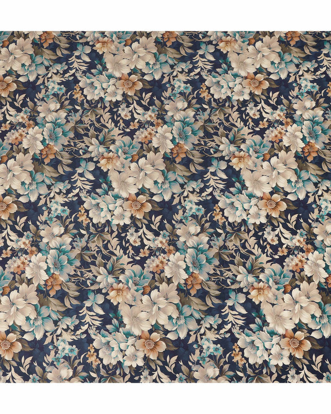 Navy Blue Beige Teal Floral Printed Cotton Lawn Fabric Soft Lightweight Breathable Elegant Dressmaking Fabric 110 Cms Width India Origin-D28666 Regal Fabrics