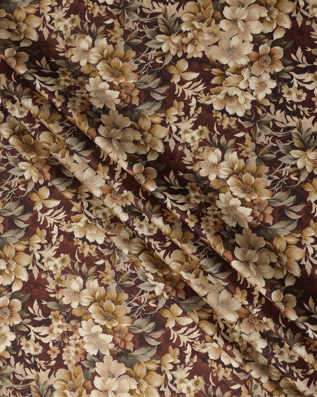 Brown Beige Floral Printed Cotton Lawn Fabric Soft Lightweight Breathable Elegant Dressmaking Fabric 110 Cms Width India Origin-D28665 Regal Fabrics