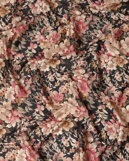 Black Beige Pink Floral Printed Cotton Lawn Fabric Soft Lightweight Breathable Elegant Dressmaking Fabric 110 Cms Width India Origin-D28664 Regal Fabrics
