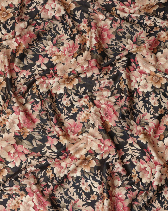 Black Beige Pink Floral Printed Cotton Lawn Fabric Soft Lightweight Breathable Elegant Dressmaking Fabric 110 Cms Width India Origin-D28664 Regal Fabrics