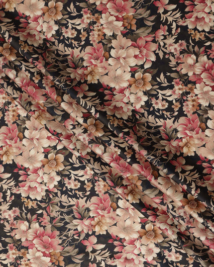 Black Beige Pink Floral Printed Cotton Lawn Fabric Soft Lightweight Breathable Elegant Dressmaking Fabric 110 Cms Width India Origin-D28664 Regal Fabrics