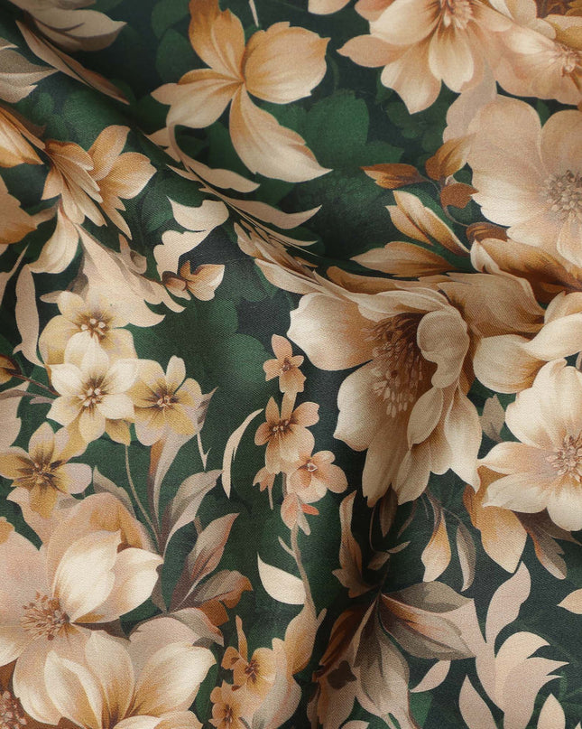 Dark Green Beige Floral Printed Cotton Lawn Fabric Soft Lightweight Breathable Elegant Dressmaking Fabric 110 Cms Width India Origin-D28663 Regal Fabrics