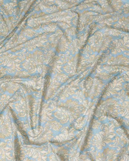 Sky Blue Beige Floral Jacquard Printed Cotton Satin Fabric Smooth Lustrous Elegant Dressmaking Fabric 110 Cms Width India Origin-D28668 Regal Fabrics