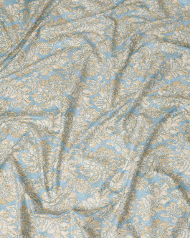 Sky Blue Beige Floral Jacquard Printed Cotton Satin Fabric Smooth Lustrous Elegant Dressmaking Fabric 110 Cms Width India Origin-D28668 Regal Fabrics