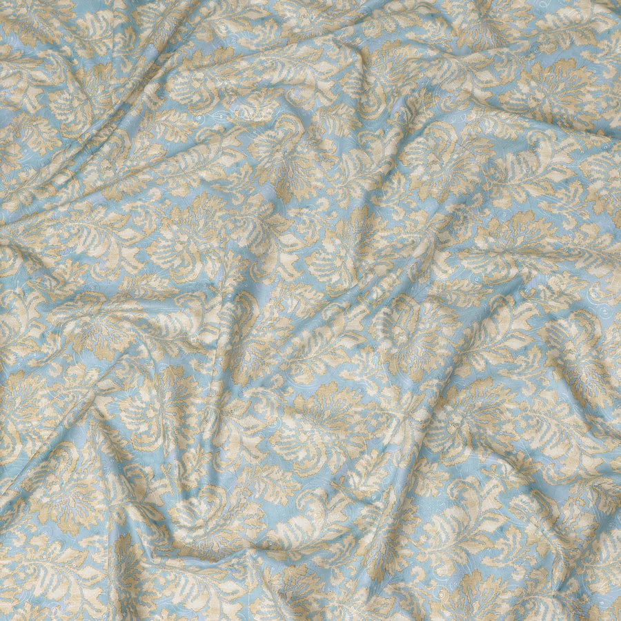 Sky Blue Beige Floral Jacquard Printed Cotton Satin Fabric Smooth Lustrous Elegant Dressmaking Fabric 110 Cms Width India Origin-D28668 Regal Fabrics