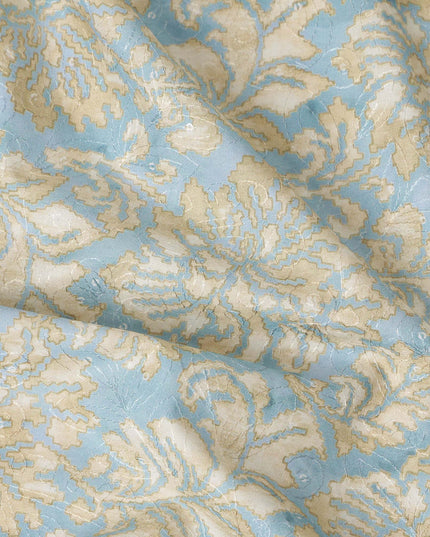Sky Blue Beige Floral Jacquard Printed Cotton Satin Fabric Smooth Lustrous Elegant Dressmaking Fabric 110 Cms Width India Origin-D28668 Regal Fabrics