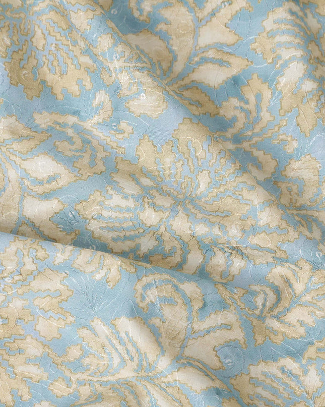 Sky Blue Beige Floral Jacquard Printed Cotton Satin Fabric Smooth Lustrous Elegant Dressmaking Fabric 110 Cms Width India Origin-D28668 Regal Fabrics
