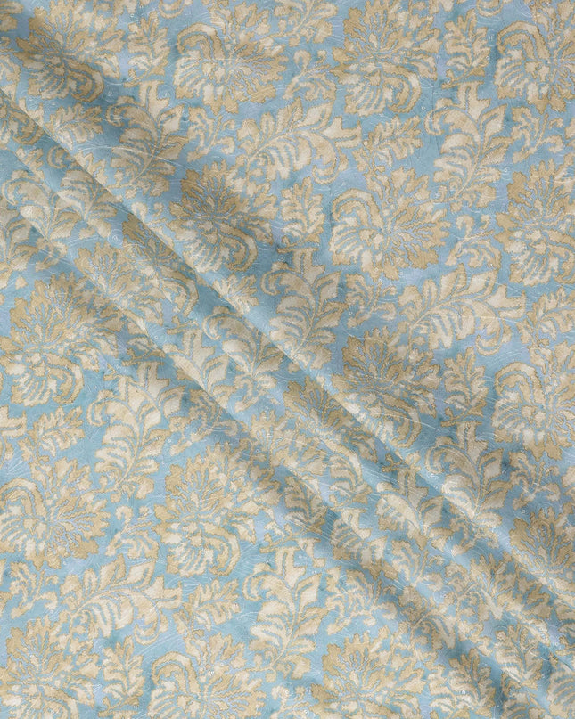 Sky Blue Beige Floral Jacquard Printed Cotton Satin Fabric Smooth Lustrous Elegant Dressmaking Fabric 110 Cms Width India Origin-D28668 Regal Fabrics