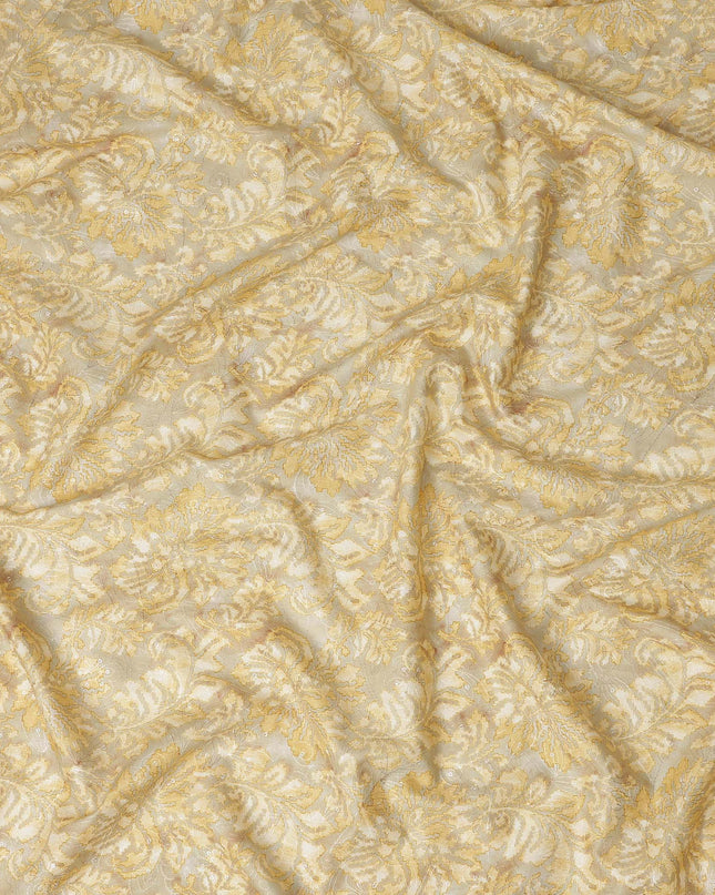 Cream Gold Floral Jacquard Printed Cotton Satin Fabric Smooth Lustrous Elegant Dressmaking Fabric 110 Cms Width India Origin-D28670 Regal Fabrics