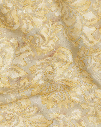 Cream Gold Floral Jacquard Printed Cotton Satin Fabric Smooth Lustrous Elegant Dressmaking Fabric 110 Cms Width India Origin-D28670 Regal Fabrics