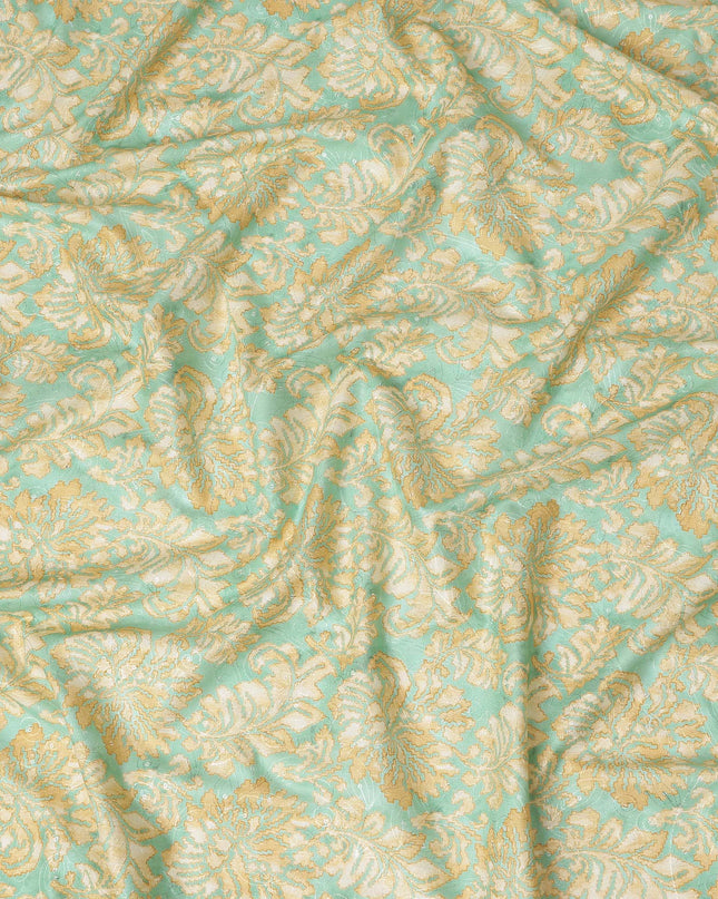 Mint Green Beige Floral Jacquard Printed Cotton Satin Fabric Smooth Lustrous Elegant Dressmaking Fabric 110 Cms Width India Origin-D28667 Regal Fabrics