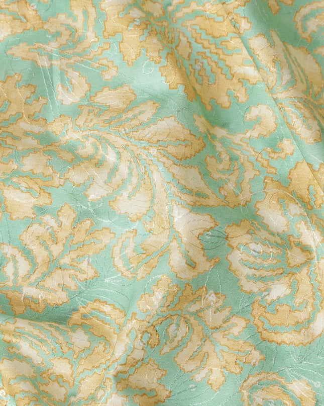 Mint Green Beige Floral Jacquard Printed Cotton Satin Fabric Smooth Lustrous Elegant Dressmaking Fabric 110 Cms Width India Origin-D28667 Regal Fabrics