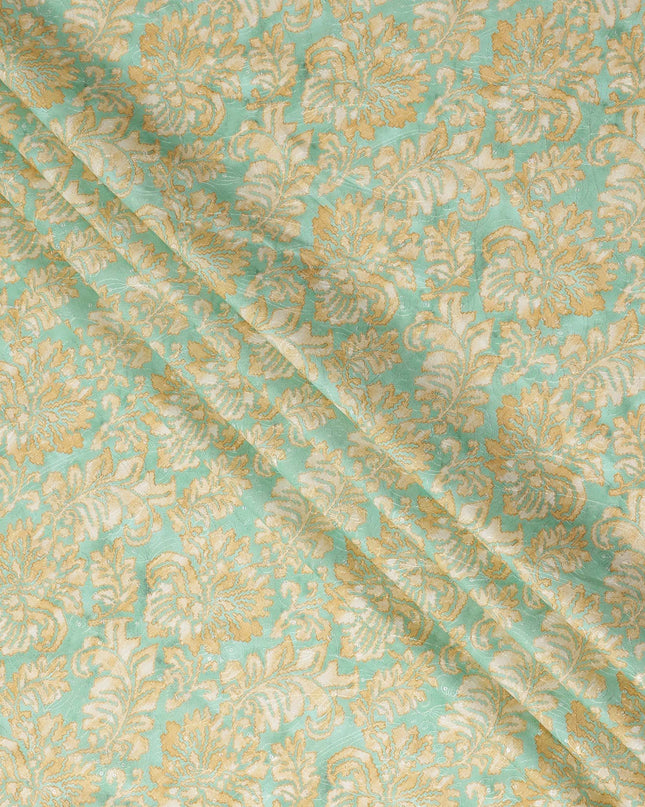 Mint Green Beige Floral Jacquard Printed Cotton Satin Fabric Smooth Lustrous Elegant Dressmaking Fabric 110 Cms Width India Origin-D28667 Regal Fabrics