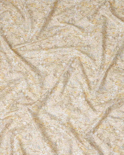 Beige Yellow Floral Printed Cotton Satin Fabric Soft Smooth Lightweight Elegant Dressmaking Fabric 110 Cms Width India Origin-D28672 Regal Fabrics
