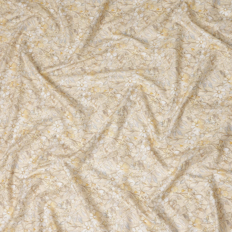 Beige Yellow Floral Printed Cotton Satin Fabric Soft Smooth Lightweight Elegant Dressmaking Fabric 110 Cms Width India Origin-D28672 Regal Fabrics