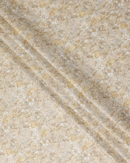 Beige Yellow Floral Printed Cotton Satin Fabric Soft Smooth Lightweight Elegant Dressmaking Fabric 110 Cms Width India Origin-D28672 Regal Fabrics