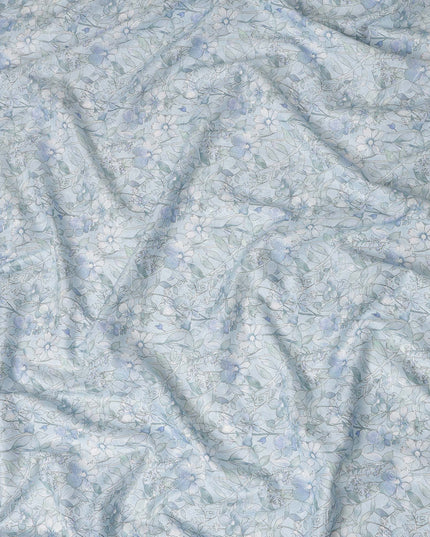 Powder Blue Floral Printed Cotton Satin Fabric Soft Smooth Lightweight Elegant Dressmaking Fabric 110 Cms Width India Origin-D28673 Regal Fabrics