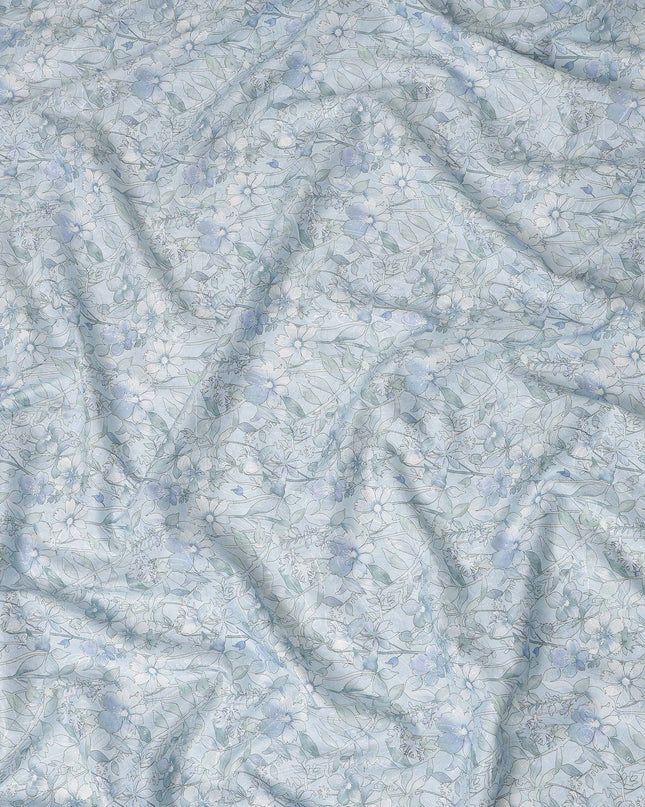 Powder Blue Floral Printed Cotton Satin Fabric Soft Smooth Lightweight Elegant Dressmaking Fabric 110 Cms Width India Origin-D28673 Regal Fabrics