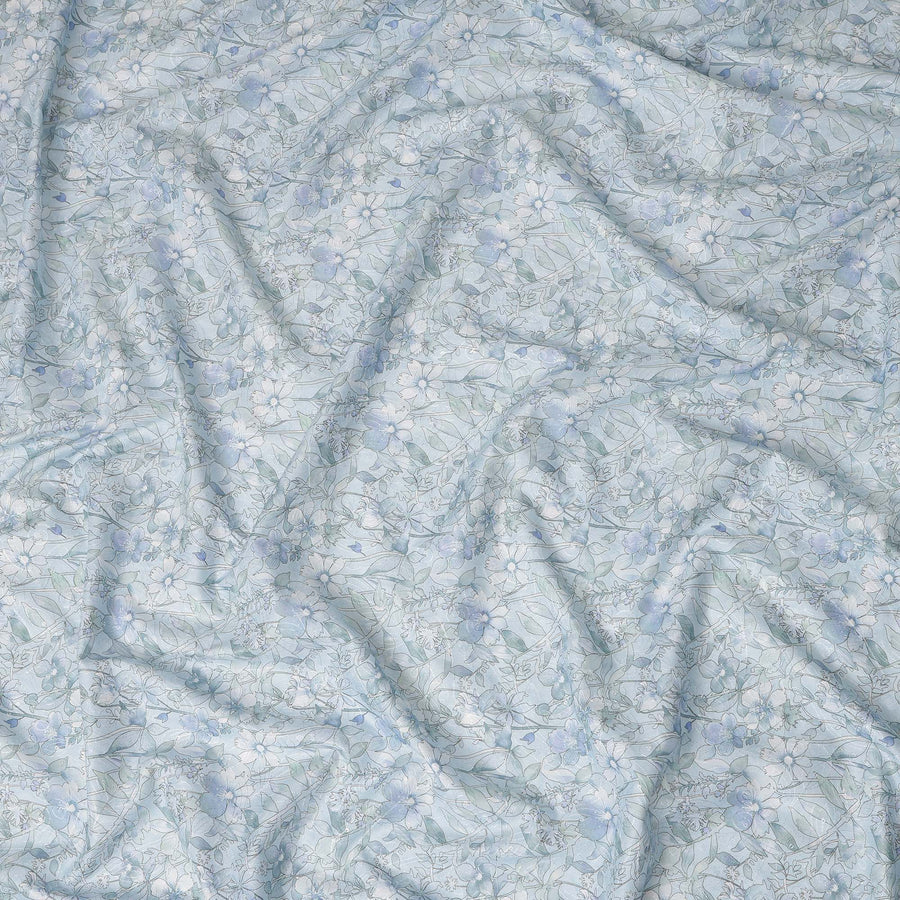 Powder Blue Floral Printed Cotton Satin Fabric Soft Smooth Lightweight Elegant Dressmaking Fabric 110 Cms Width India Origin-D28673 Regal Fabrics