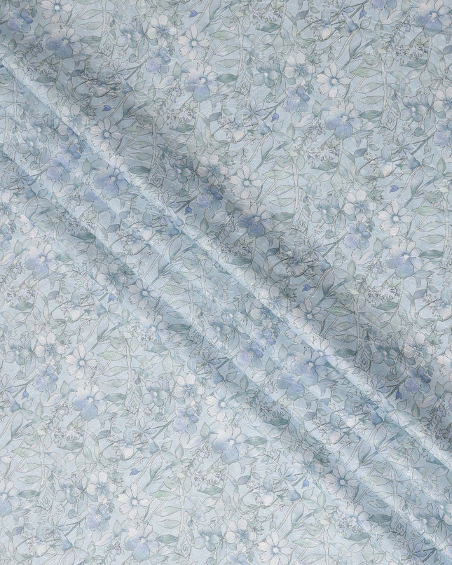 Powder Blue Floral Printed Cotton Satin Fabric Soft Smooth Lightweight Elegant Dressmaking Fabric 110 Cms Width India Origin-D28673 Regal Fabrics