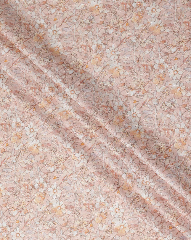 Peach Beige Floral Printed Cotton Satin Fabric Soft Smooth Lightweight Elegant Dressmaking Fabric 110 Cms Width India Origin-D28671 Regal Fabrics