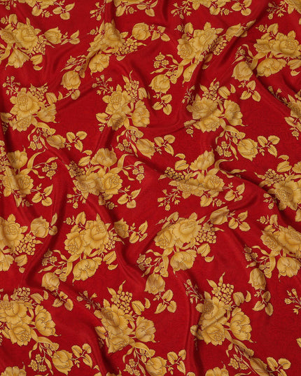 Red Gold Floral Bouquet Printed Pure Silk Crepe Fabric Lightweight Soft Draping Dress Material 110 Cms Width India Origin-D28780 Regal Fabrics