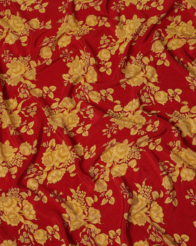 Red Gold Floral Bouquet Printed Pure Silk Crepe Fabric Lightweight Soft Draping Dress Material 110 Cms Width India Origin-D28780 Regal Fabrics