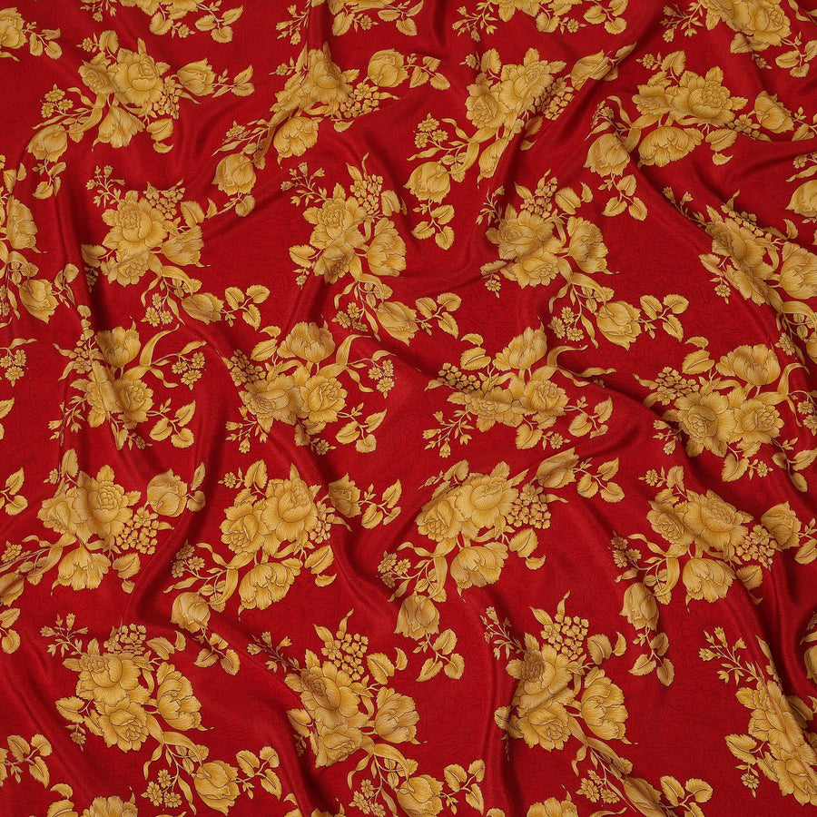 Red Gold Floral Bouquet Printed Pure Silk Crepe Fabric Lightweight Soft Draping Dress Material 110 Cms Width India Origin-D28780 Regal Fabrics