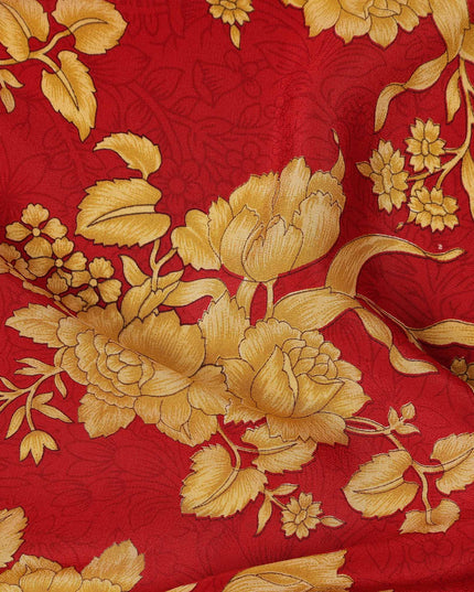 Red Gold Floral Bouquet Printed Pure Silk Crepe Fabric Lightweight Soft Draping Dress Material 110 Cms Width India Origin-D28780 Regal Fabrics