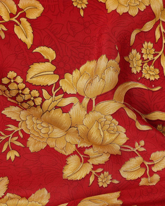 Red Gold Floral Bouquet Printed Pure Silk Crepe Fabric Lightweight Soft Draping Dress Material 110 Cms Width India Origin-D28780 Regal Fabrics