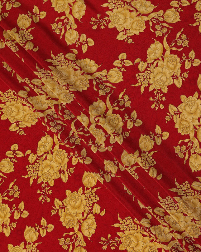 Red Gold Floral Bouquet Printed Pure Silk Crepe Fabric Lightweight Soft Draping Dress Material 110 Cms Width India Origin-D28780 Regal Fabrics