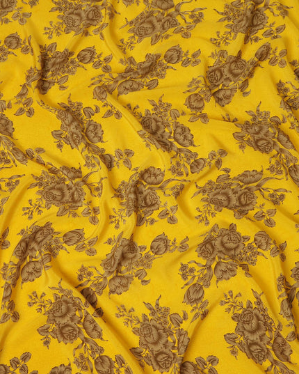 Mustard Yellow Brown Floral Bouquet Printed Pure Silk Crepe Fabric Lightweight Soft Draping Dress Material 110 Cms Width India Origin-D28781 Regal Fabrics