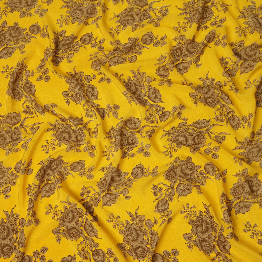 Mustard Yellow Brown Floral Bouquet Printed Pure Silk Crepe Fabric Lightweight Soft Draping Dress Material 110 Cms Width India Origin-D28781 Regal Fabrics