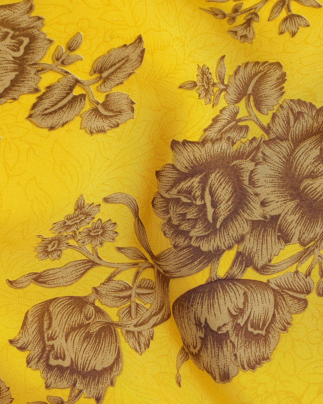 Mustard Yellow Brown Floral Bouquet Printed Pure Silk Crepe Fabric Lightweight Soft Draping Dress Material 110 Cms Width India Origin-D28781 Regal Fabrics
