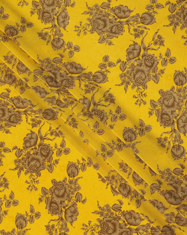 Mustard Yellow Brown Floral Bouquet Printed Pure Silk Crepe Fabric Lightweight Soft Draping Dress Material 110 Cms Width India Origin-D28781 Regal Fabrics