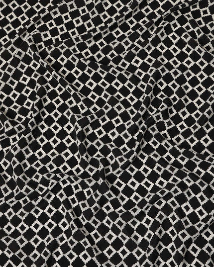 Black Geometric Pure Silk Crepe Fabric 110cm - 1515595