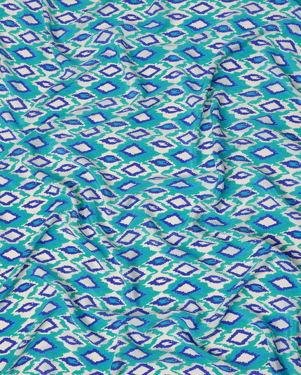 Mint Green Blue Ikat Diamond Printed Pure Silk Crepe Fabric Lightweight Soft Draping Dress Material 110 Cms Width India Origin-D28791 Regal Fabrics