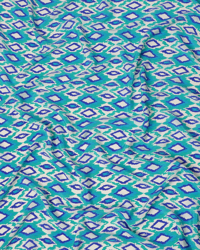 Mint Green Blue Ikat Diamond Printed Pure Silk Crepe Fabric Lightweight Soft Draping Dress Material 110 Cms Width India Origin-D28791 Regal Fabrics