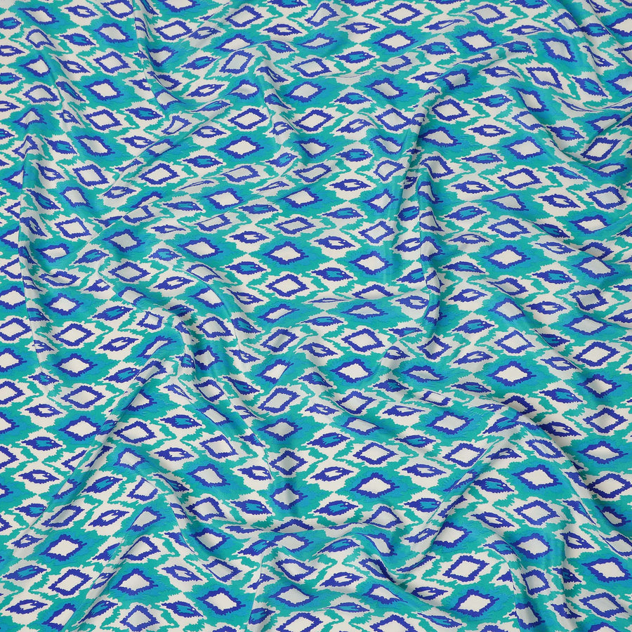 Mint Green Blue Ikat Diamond Printed Pure Silk Crepe Fabric Lightweight Soft Draping Dress Material 110 Cms Width India Origin-D28791 Regal Fabrics