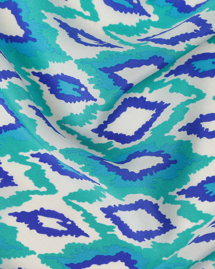 Mint Green Blue Ikat Diamond Printed Pure Silk Crepe Fabric Lightweight Soft Draping Dress Material 110 Cms Width India Origin-D28791 Regal Fabrics
