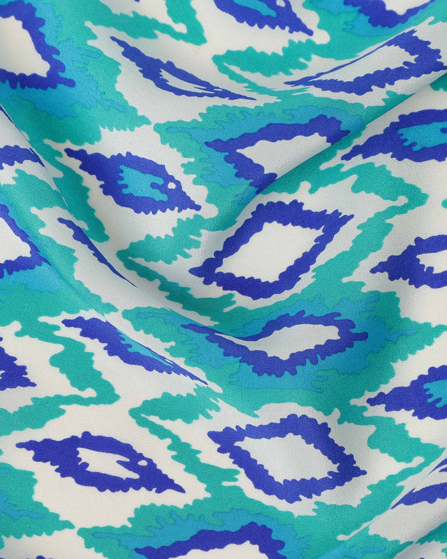 Mint Green Blue Ikat Diamond Printed Pure Silk Crepe Fabric Lightweight Soft Draping Dress Material 110 Cms Width India Origin-D28791 Regal Fabrics